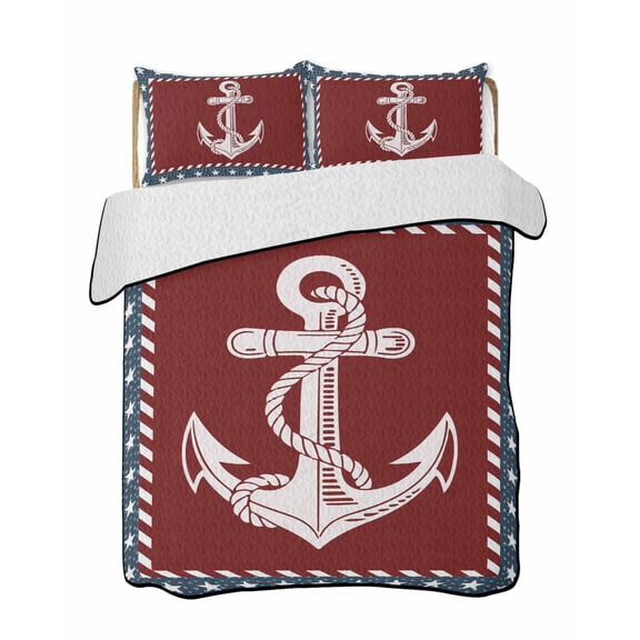 Full Size Quilt Bedding Set, Nautical Anchor Reversible Summer Quilt 3 Pieces, Red Navy Blue Coastal Stars Ocean Lightweight Bedspreads Coverlets with 2 Pillow Shams for All Seasons