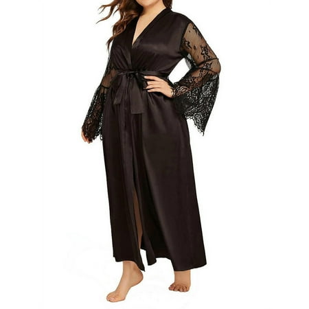 

QWERTYU Women s Satin Long Sleeve Loungewear Bride Party Kimono Silky Long Sleepwear Bridesmaid Robe Bathrobe Lace Robes Black XL