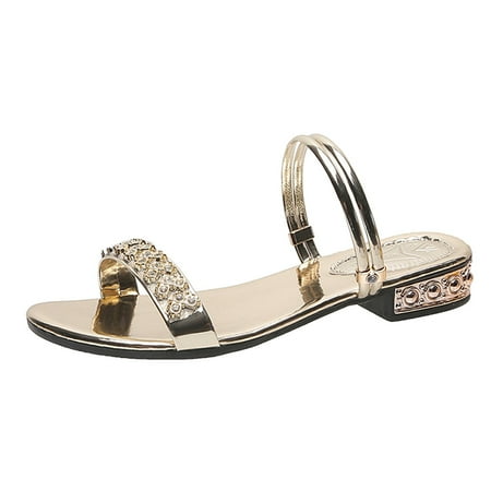 HSMQHJWE Strappy Sandals Heels Women s Casual Dresssy Low Wedge Summer Shoes Cute Strappy Rhinestone Open Toe Flat Sandals