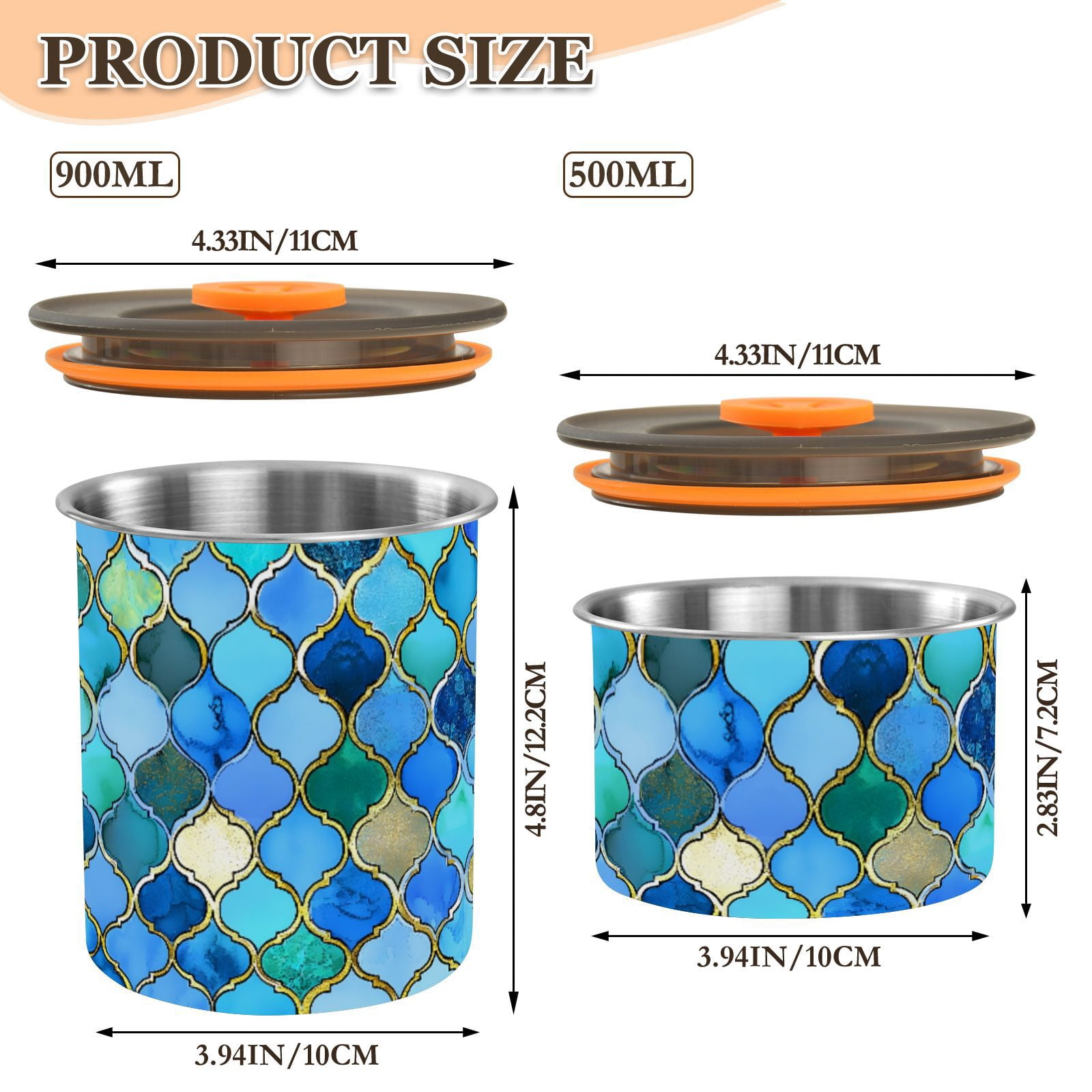 Blue & Gold Moroccan Airtight Coffee Bean Canister 30oz Food Storage Containers with Lids For Gournd, Tea, Sugar, Flour, Rice, Cereal, Candy Cookie Jar