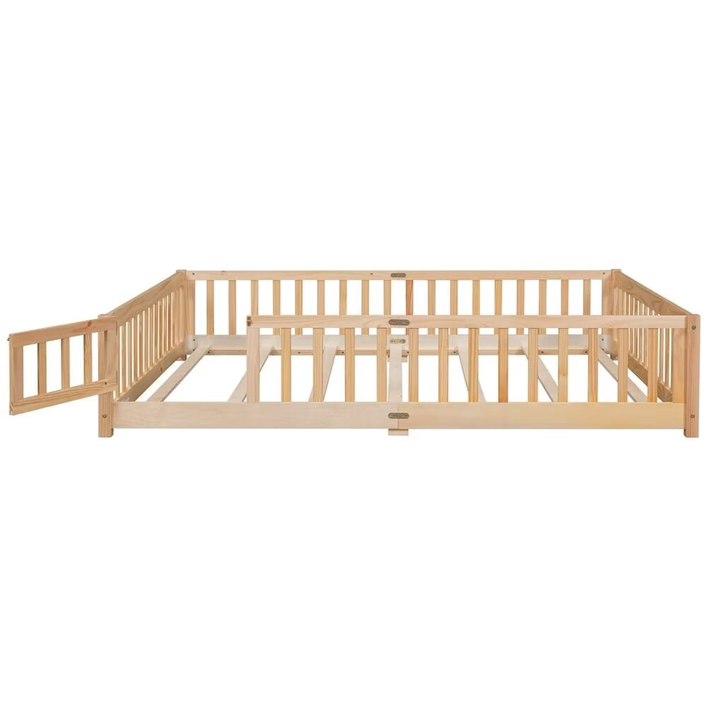 Queen Bed Frame for Kids Toddlers, Wooden Montessori Floor Bed with 7 Sturdy Slats, Fence-Shaped Guardrails and Door for Boys Girls Bedroom Playroom, No Box Spring Needed, Natural
