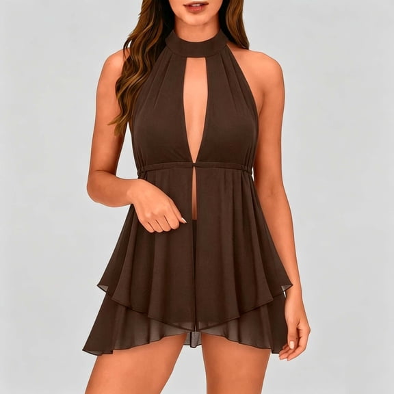 IUYRTFE Women's Halter Neck Sleeveless Tiered Ruffle Mini Dress Solid Color Summer Casual Loose Fit Top