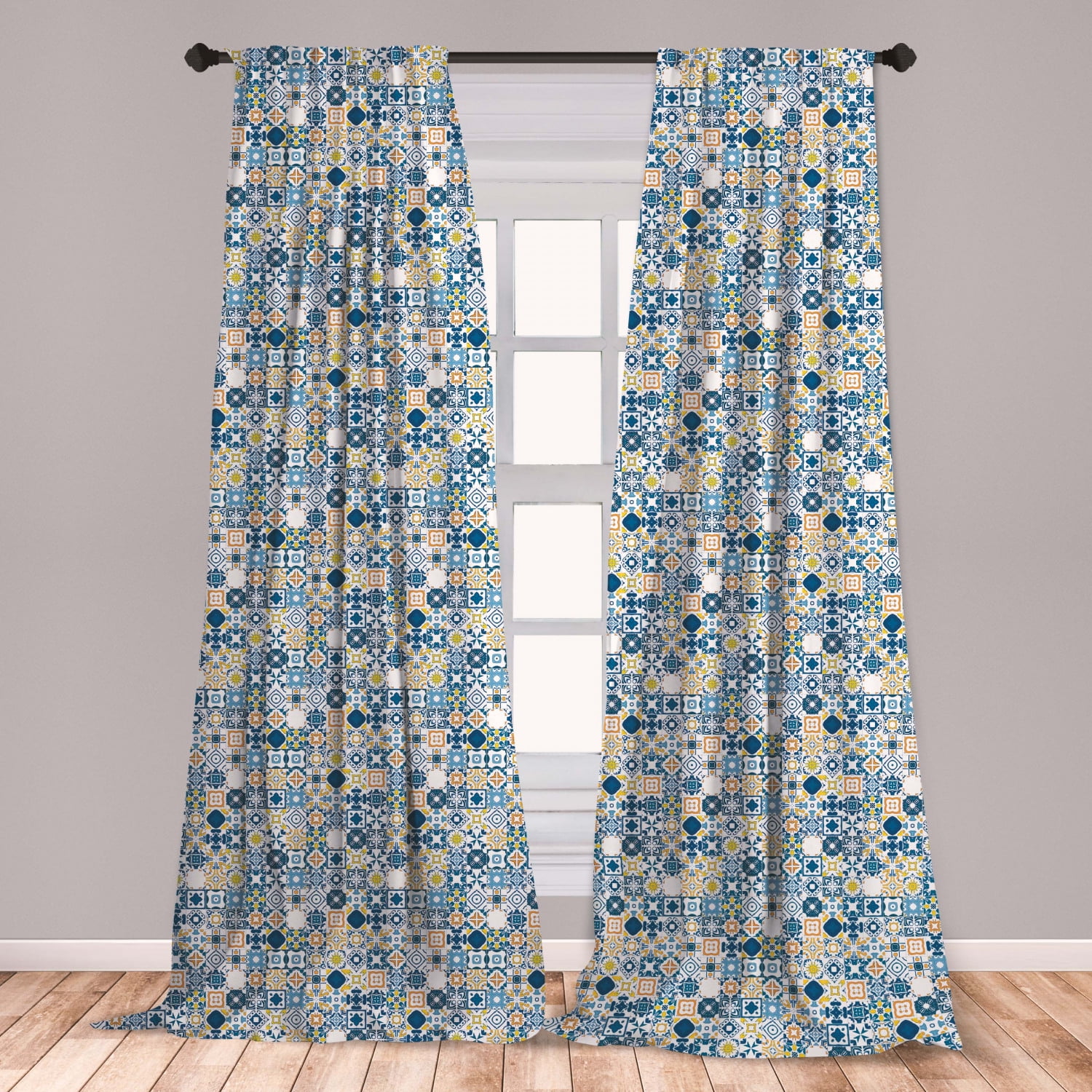Yellow and Blue Curtains 2 Panels Set, Mosaic Portuguese Azulejo