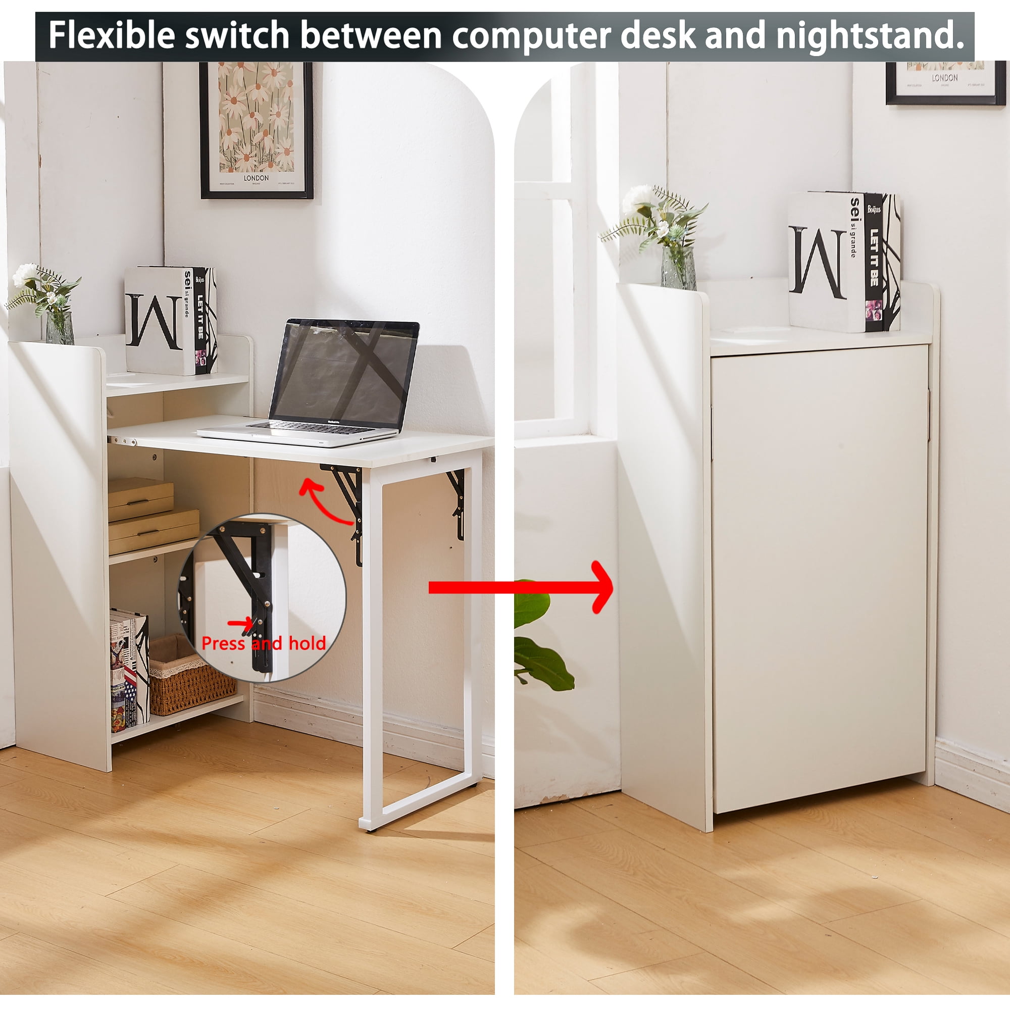Haooyeah 37" Foldable Storage Desk with Charging Station, Space-Saving Desk with Raised Surface, Multi-functional Desk for Home Office, Bedroom, and Small Spaces