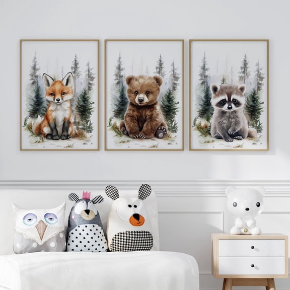 Luvia Woodland Baby Animals Nursery Wall Art Set Of 3 Prints Poster Or, Forest Animals Nursery Decor, Neutral Baby Room Decor, Modern Wall Decor Set 3 Prints 8x12 UNFRAMED