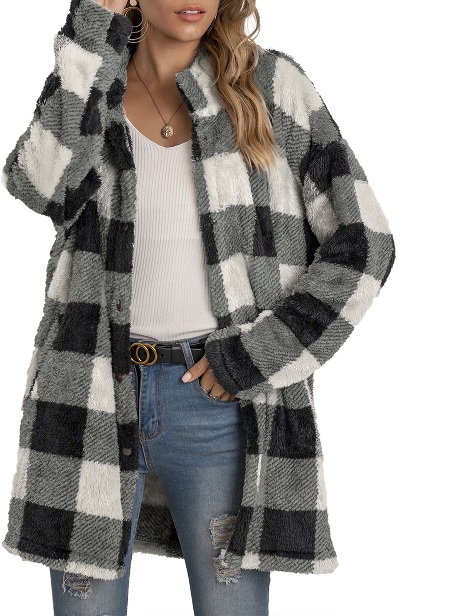 Women's Plaid Print Lightweight Coat Casual Plush Warm Down Long Sleeve Lapel Jacket Shackets Outwear - Walmart.com