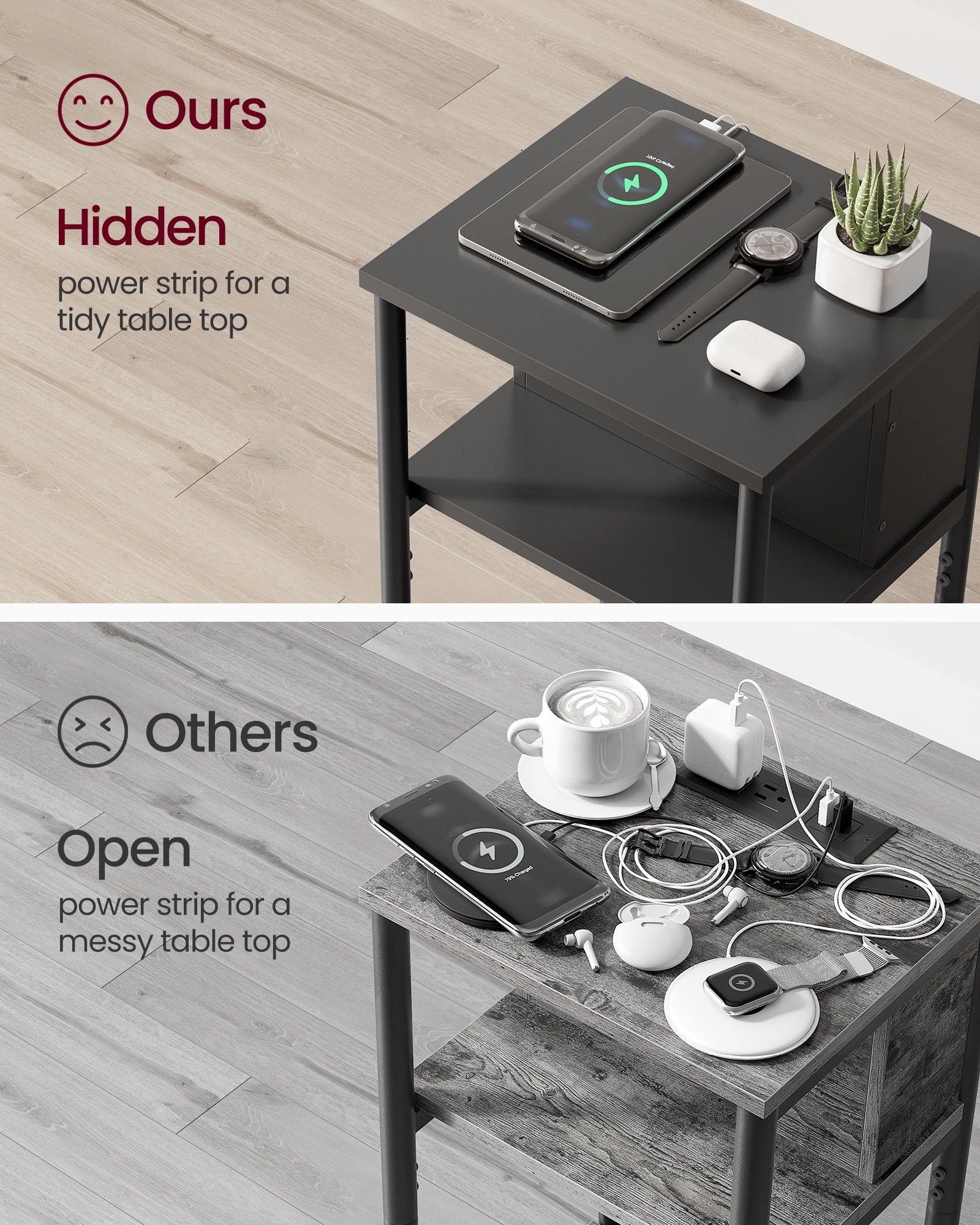 3-Tier End Table with Charging Station Side Table with USB Ports and Outlets Nightstand Black