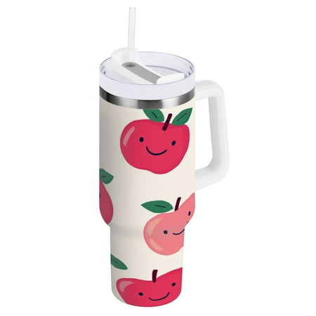 

30oz Travel Mug with Straw Car Bottle Insulated Mug with Handle Reusable Stainless Steel Water Bottle for Car Travel Home Cute Apple Pattern