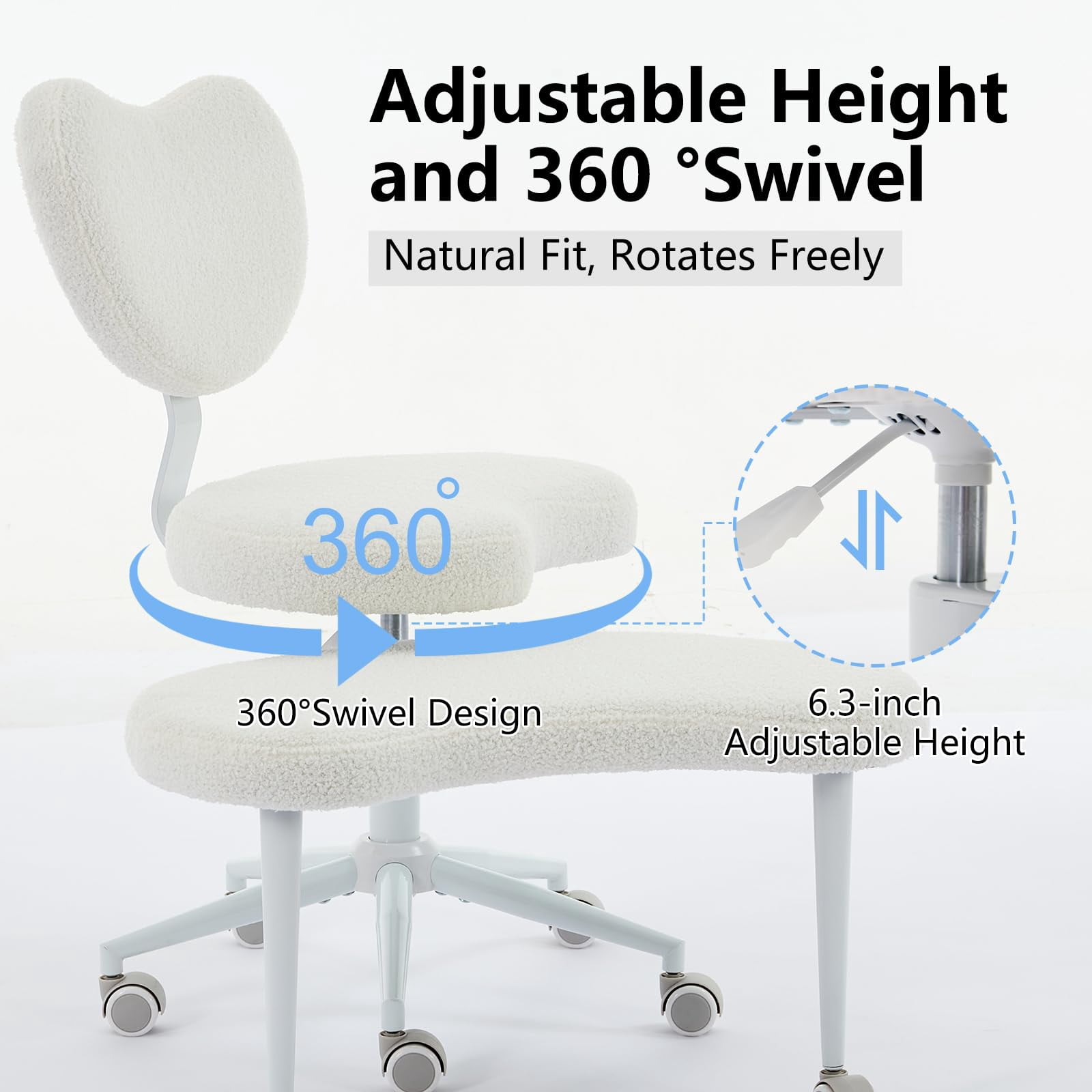 Pawverly Cross-Legged Meditation Chair with Wheels, Adjustable Height Yoga Office Chair with Lumbar Support, Ergonomic Criss Cross Desk Chair for Adults, Ivory Teddy