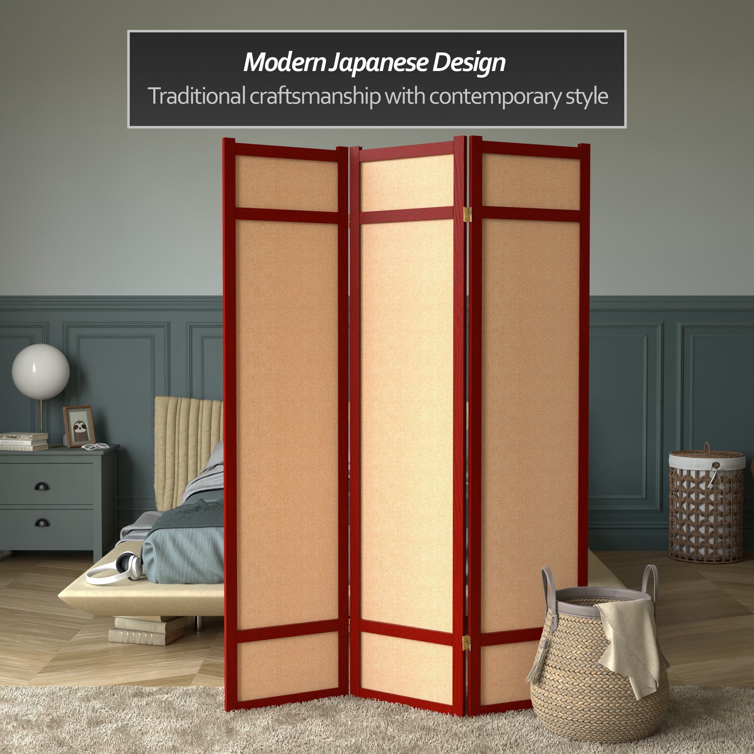 6 ft. Tall Jute Shoji Screen - 3 Panel - Rosewood