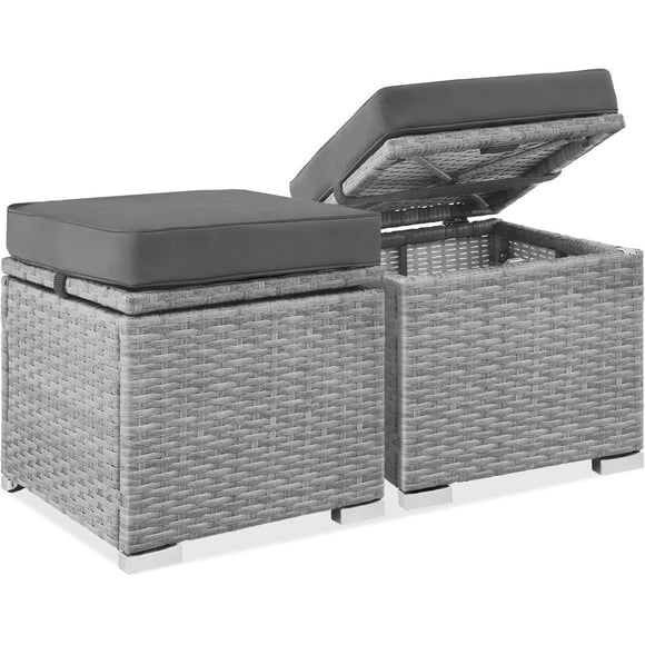 JJUN Set of 2 Wicker Ottomans, Multipurpose Outdoor Furniture for Patio, Backyard, Additional Seating, Footrest, Side Table w/Storage, Removable Cushions - Gray/Gray