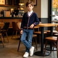 thumbnail image 6 of Boys‘ Cotton Cardigan Sweater Button-Up V-Neck Knit Basic Casual Outerwear School Uniform Sweater Striped Rib Trim Pullover, 6 of 6