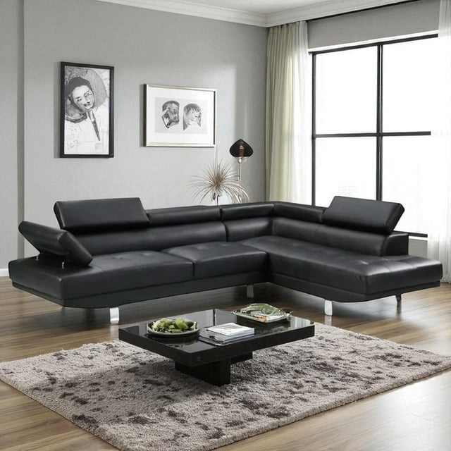Cosmic Homes Grayson 3-Seater Leather Upholstered Sectional Sofa with RHF Chaise – Black