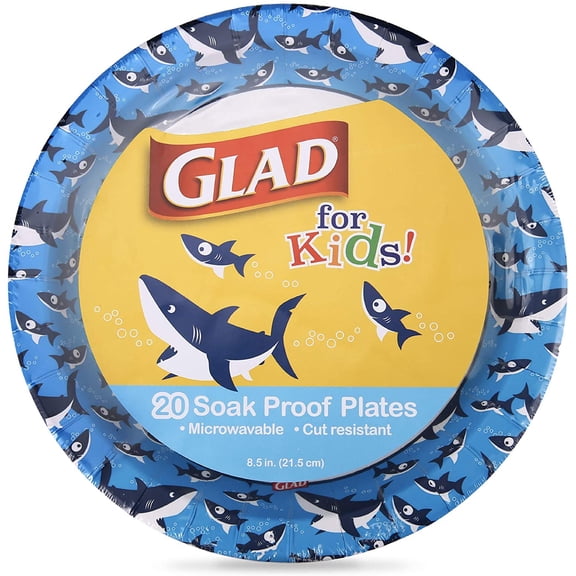 for Kids 8.5 Inch Round Paper Plates, Cute Sharks Design, Heavy Duty Cut-Resistant and Soak-Proof Disposable Plates, Microwavable Kids Tableware for Meals, Parties, Snacks, 20 Count