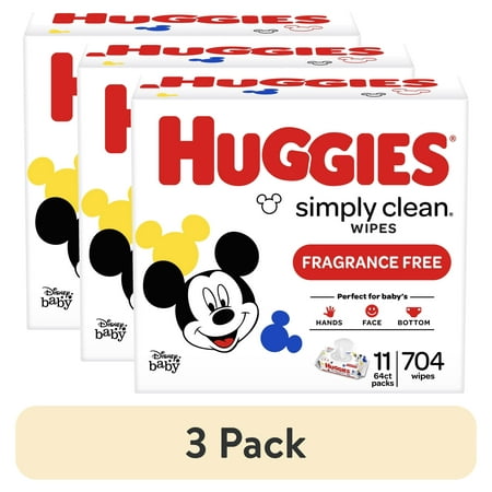 (3 pack) Huggies Simply Clean Fresh Baby Wipes, Unscented, 11 Flip-Top Packs (704 Total Wipes)