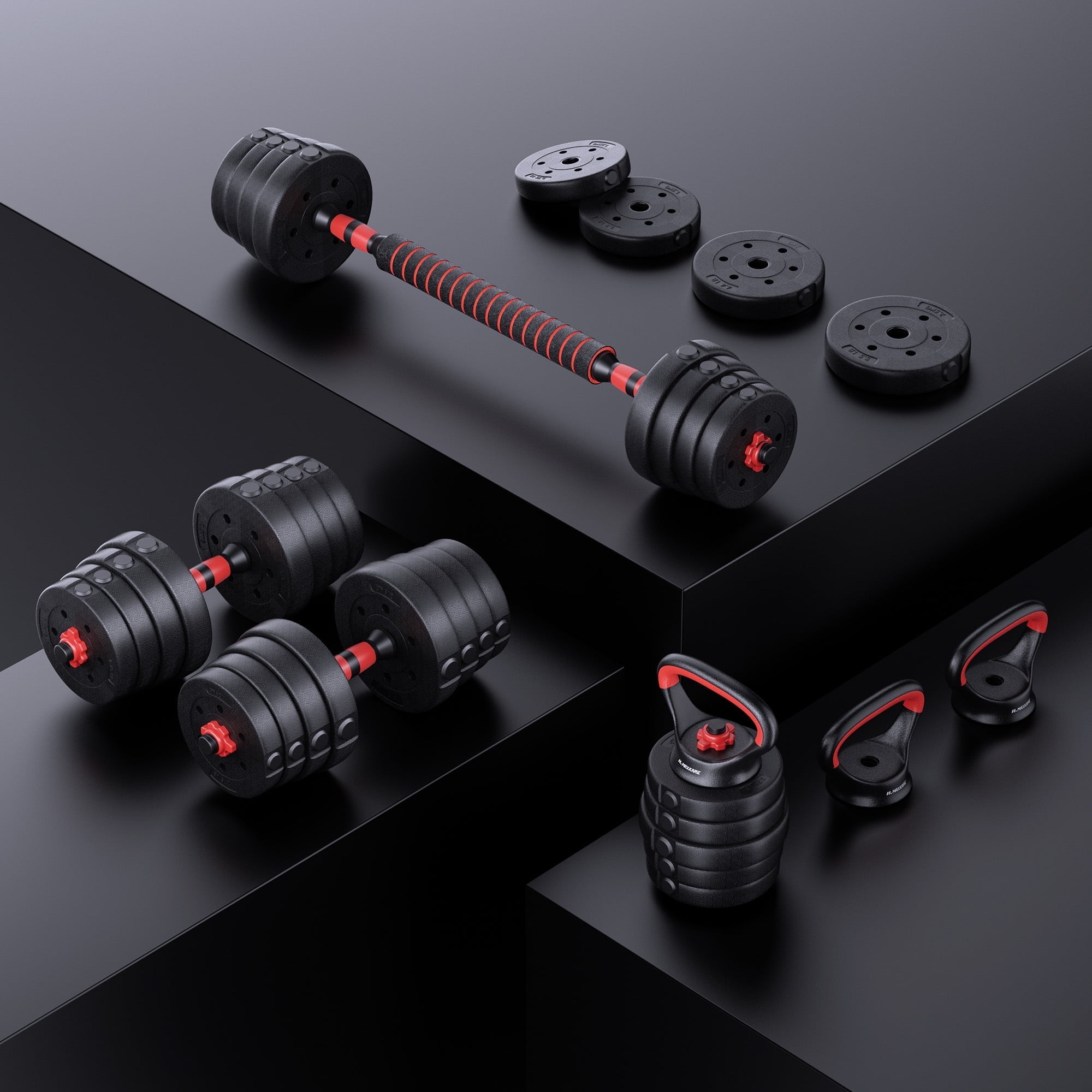 MaxKare 66LB Adjustable Weight Dumbbell Set 4 in 1 Set as Dumbbell Barbell Kettlebell Push-up Stands, for Home Gym Weights for Men & Women