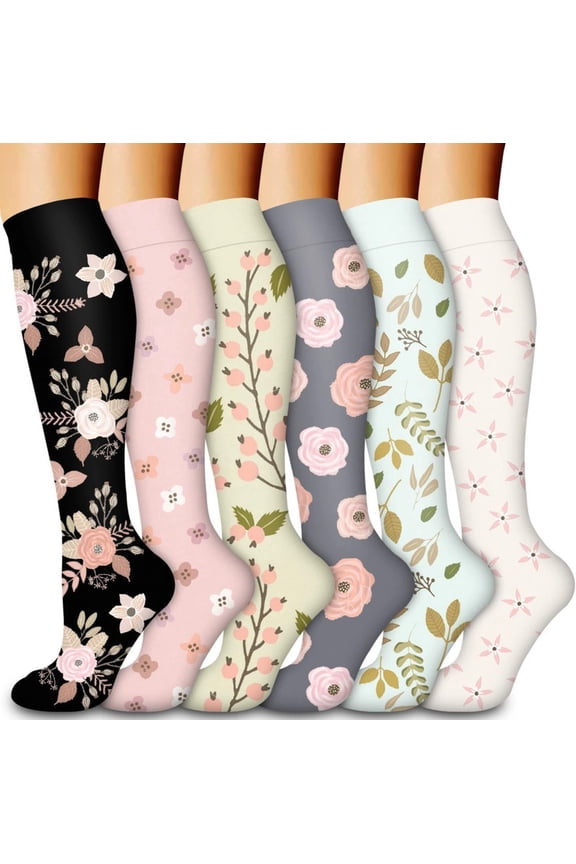 Compression Socks for Women, Happiwiz 6-Pair 20 - 30 mmHg Compression Socks for Men with Floral Design - Graduated Compression for Circulation, Ideal for Running and Athletic Sports