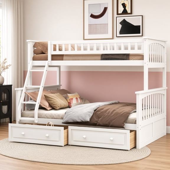 Twin over Full Bunk Bed with Drawers, Convertible to 2 Beds, Pine Wood Frame, White