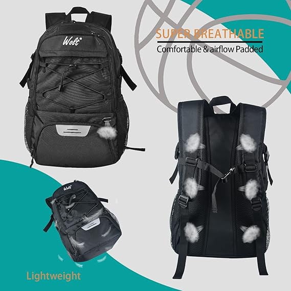 WOLT Best Basketball Backpack for Man with Ventilated Shoe & Ball Compartments, 34L Basketball Bag Black