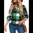 thumbnail image 2 of Blusas de Trabajo Básicas Informales para Mujer, con Cuello en V, Estampado A Cuadros, Puños y Larga. Verde M, 2 of 7
