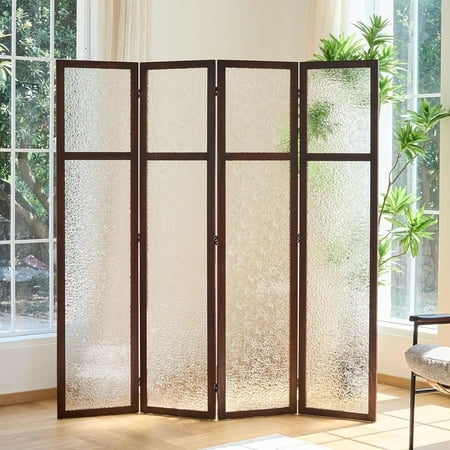 Themis Acrylic Room Divider, 4-Panel Freestanding Partition Screen, Frosted Translucent Privacy Panel - Lightweight Modern Divider for Home Office Studio (Walnut, 4 Panels)