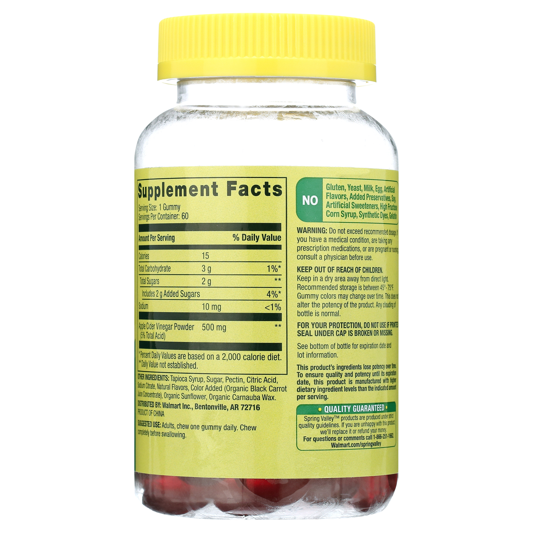Spring Valley Non GMO Dietary Supplement Gummies, Apple Cider Vinegar, 500 mg, 60 Count