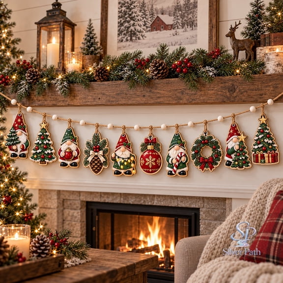 Evergreen Tree Christmas Gnome Wooden Ornament Garland, Festive Mantel Display