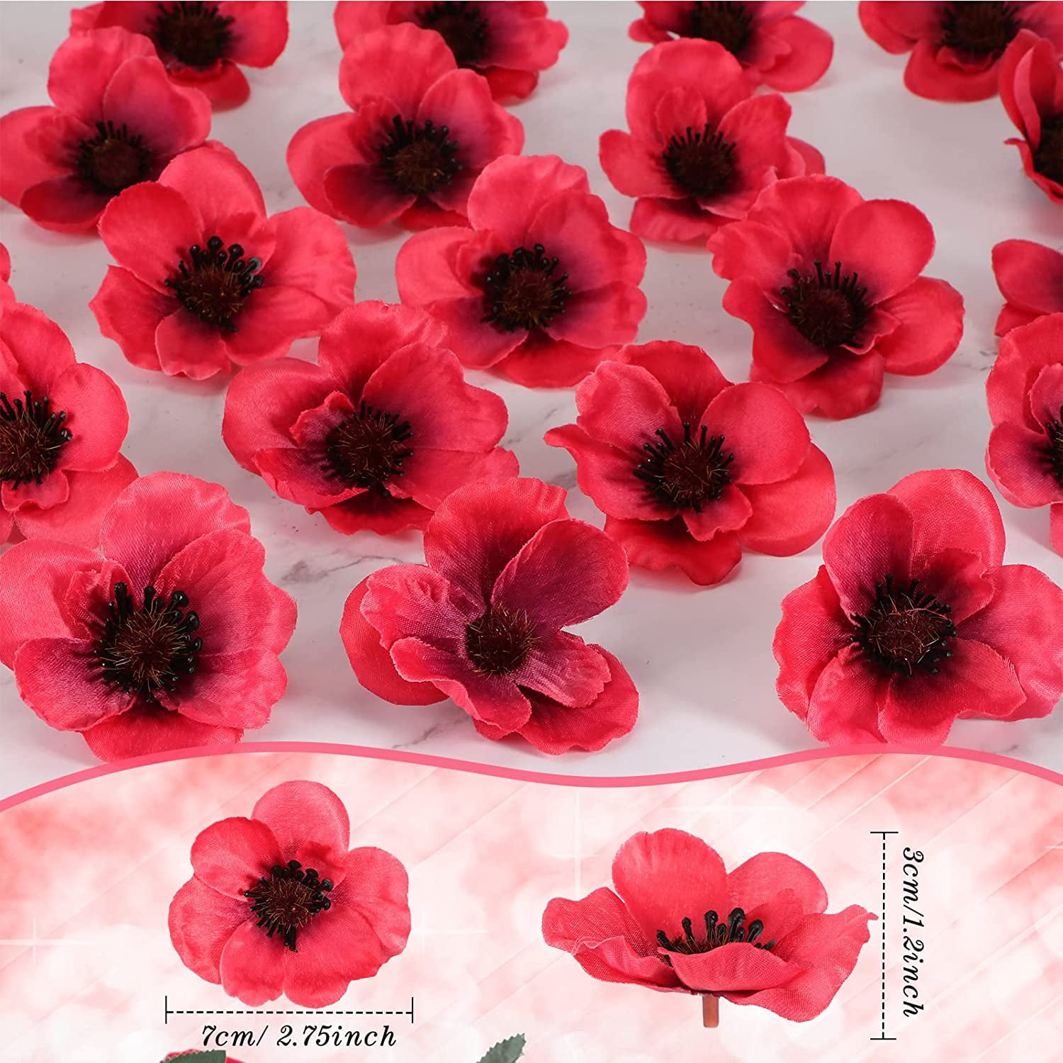 XC  Pieces Artificial Poppies Flowers Red Poppy Artificial Silk Faux Stemless Flowers Head for Memorial Day Veterans Day Wedding Home Decoration Bouquet Corsages Party Centerpiece