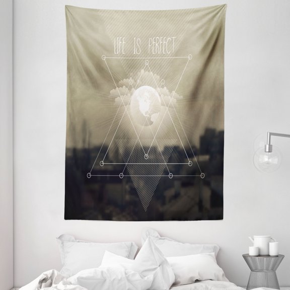 Indie Tapestry, Life Is Perfect Inspirational Geometric Triangles Cityscape Clouds Earth, Wall Hanging for Bedroom Living Room Dorm Decor, 60W X 80L Inches, Tan Dark Taupe White, by Ambesonne