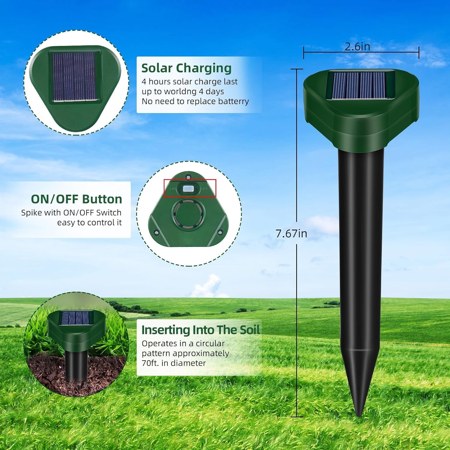 KingFurt 8 Pack Solar Mole Repellent Outdoor, Ultrasonic Mole Repellent Stakes for Lawn Garden Yard