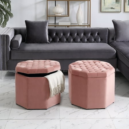 - Gabriella Storage Ottoman | Velvet or Linen | Upholstered | Tufted | Octagon | Modern & Functional by Inspired Home
