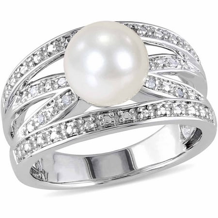 Miabella 9-9.5mm White Cultured Freshwater Pearl and Diamond-Accent Sterling Silver Cocktail Ring