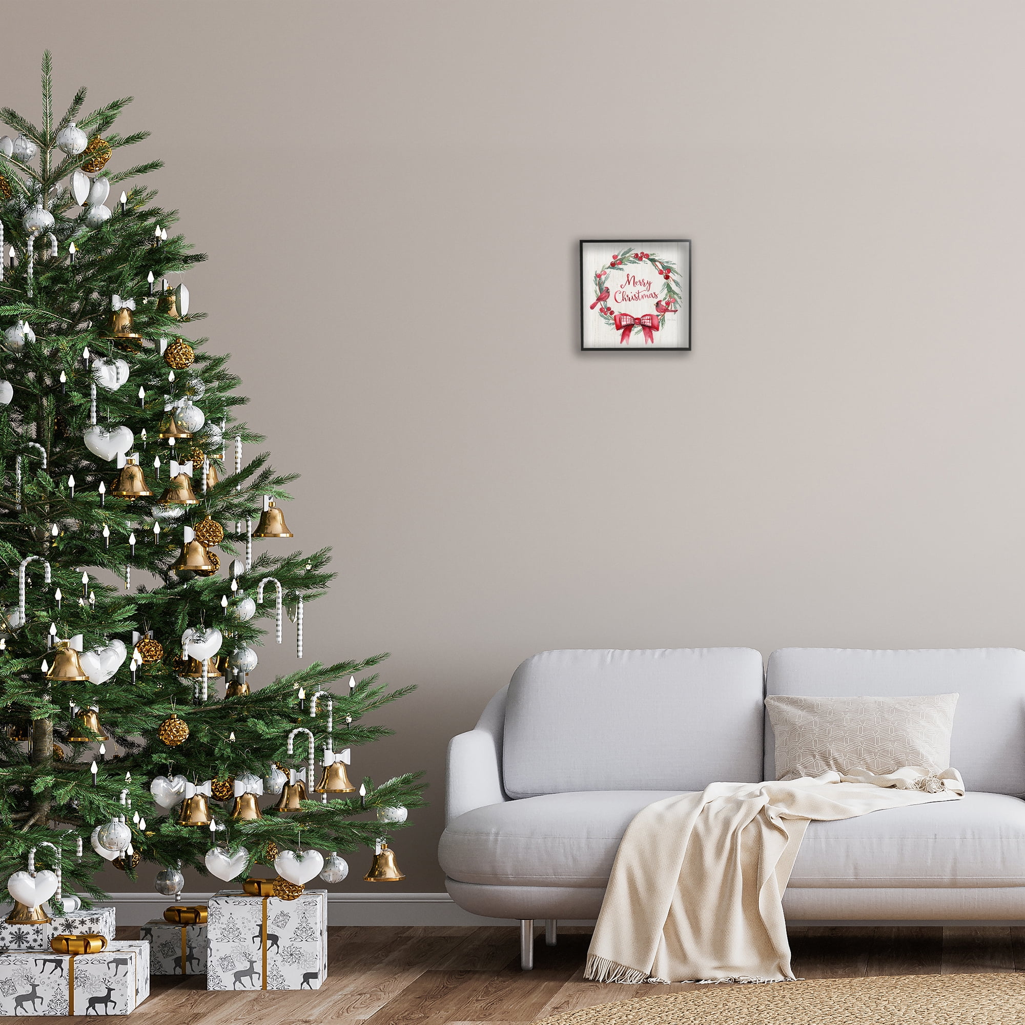 Stupell Industries Merry Christmas Holly Wreath Holiday Painting Black Framed Art Prints Wall Art, 12 x 12