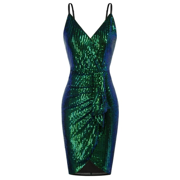 gRAcE KARIN Women Sequin Dress Sleeveless V Neck Sparkle Shiny Party club  Dress Blue green L 