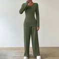 thumbnail image 5 of UYISJ 2 Piece Outfits for Women Knit Sweater Long Sleeve Crewneck Tops and Wide Leg Pants Ribbed Fall Lounge Set Army Green L, 5 of 7