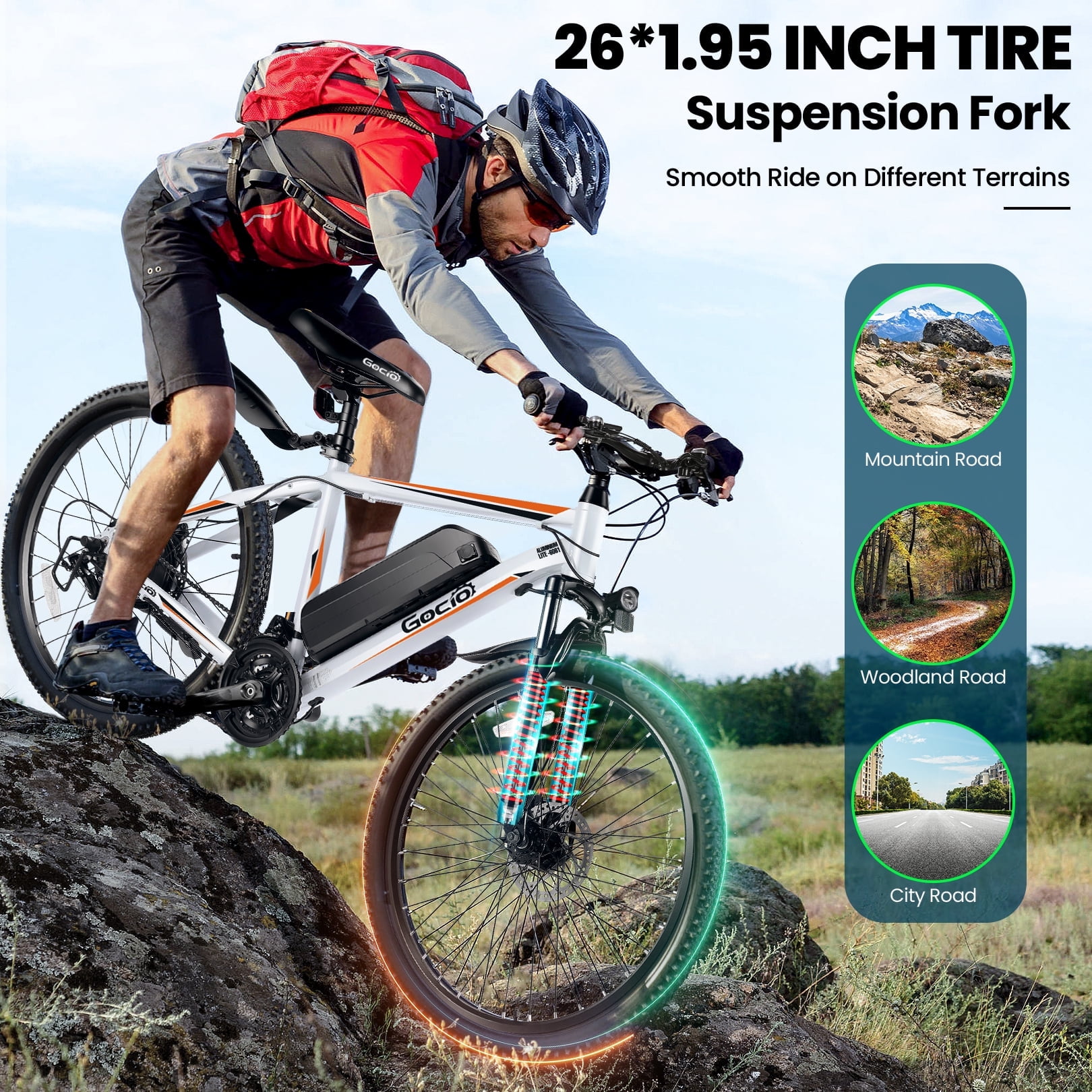 Gocio Peak 750W Electric Bike 26" Electric Bicycle for Adults Max 19.8mph Cruise Control System Ebike, 48V 375Wh Mountain Bike, 21 Speed for Man Woman UL2849 Certified