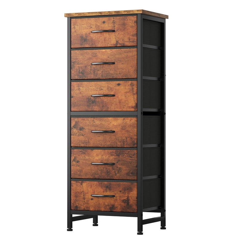 Kelno 6 Drawer Fabric Dresser Steel Frame Storage Chest Organizer with Wood Top, Rustic Brown