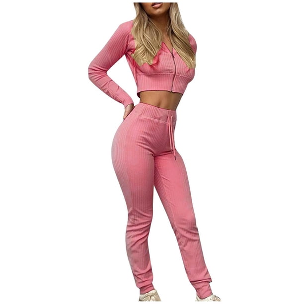 Mujeres con cuello en V Manga larga Tops Pantalones largos Dos piezas Conjunto sólido Traje casual Wmkox8yi bvn3072