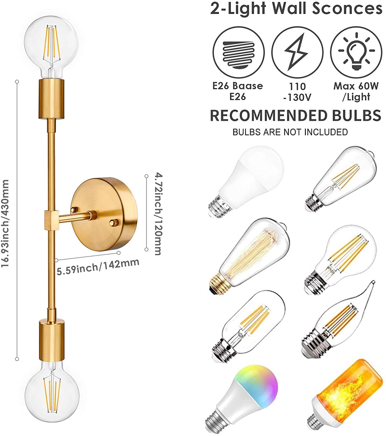 LNGOOR Wall Sconce 2 Lights Bathroom Vanity Modern Industrial Wall Lamp Wall Mount Lighting Fixture, Gold