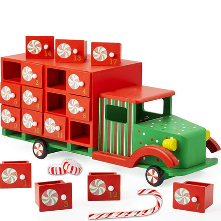 Heirloom Quality, Solid Wood 2019 Advent Calendar Truck. Large, Reusable, Wooden Decoration has 24 Fillable Gift Drawers for Little Gifts. Help Boys and Girls Ages 1-18 Count The Days Until