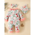 thumbnail image 3 of Infant Baby Girls 3 Piece Outfits Floral Long Sleeves Ruffle Romper and Cute Headband Hat, 3 of 8