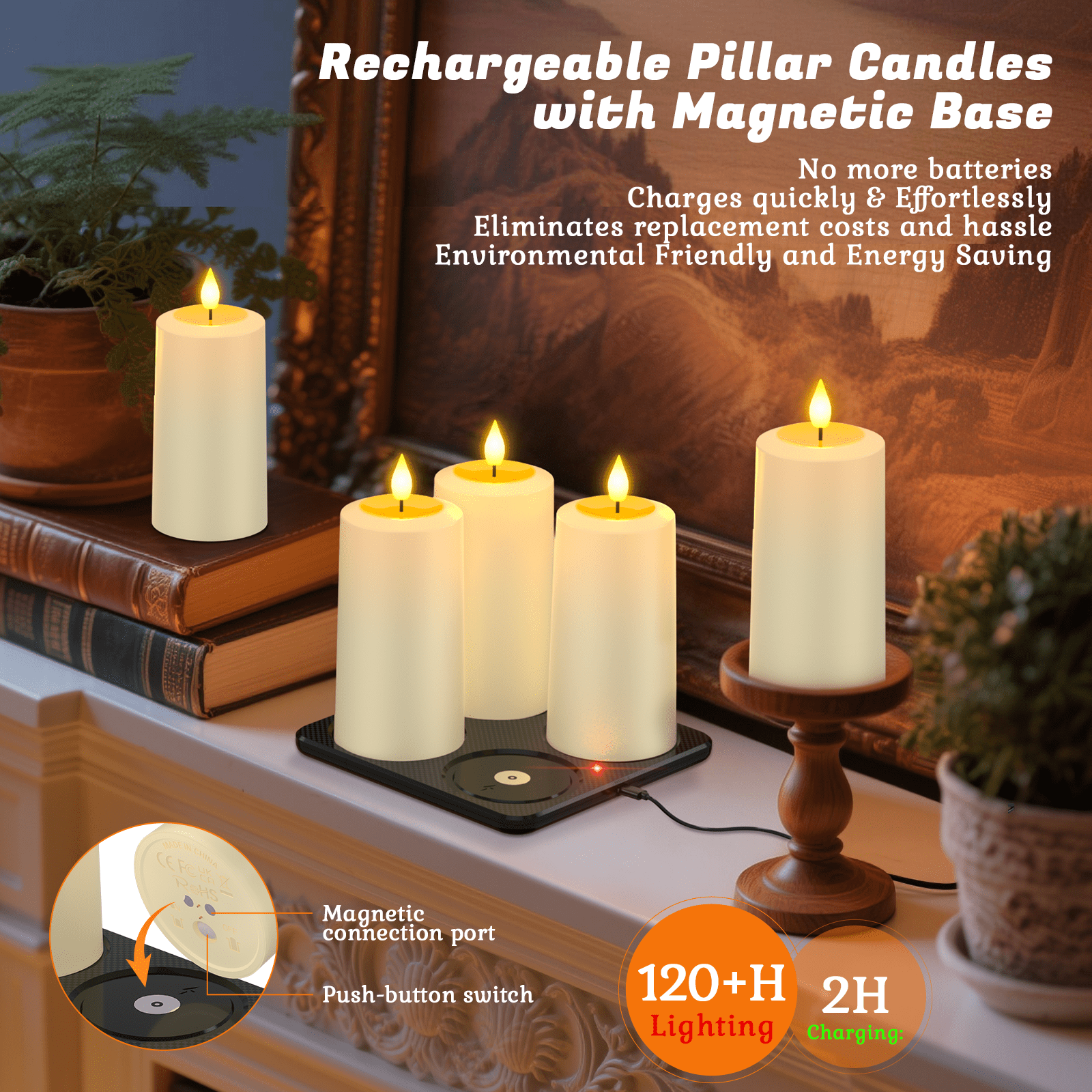 PChero 4Pack Rechargeable Flameless Candles with Remote Timer, Flickering LED Pillar Candle with Magnetic Charging Base, Battery Electric Fake Candles for Home Decor Halloween Christmas, Ivory