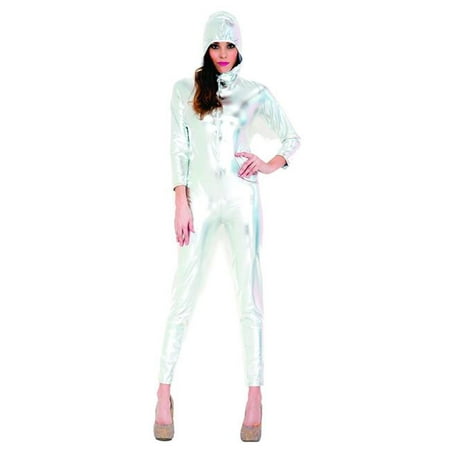 Music Legs 70772-SLV-SM Full Body Wet Look Zip Up Bodysuit with Attached Hood Accessories, Silver - Small & Medium