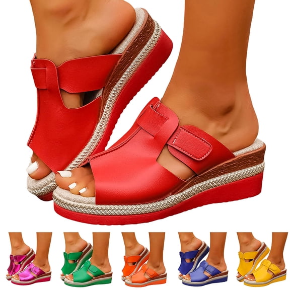 Dakaela Summer Sandals for Women 2026 Leather Open Toe Wedge Platform Espadrille Arch Support Casual Beach Slip on Walking Shoes Blue 6.5