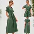 thumbnail image 2 of PUWEI Women's Pleated Shirt Dress Summer Casual Short Sleeve V Neck Button Down Dresses Workwear with Tie, 2 of 7
