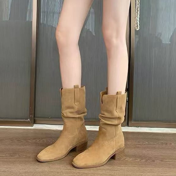 Womens Split Toe Western Mid Calf Boots Slouchy Or Straight Shaft Two Tone Cowboy Fashion Booties