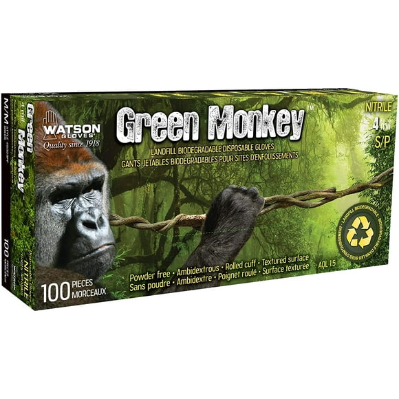 Watson Gloves Green Monkey 4 MIL Biodegradable Disposable Nitrile Glove - Powder-Free, Puncture and Tear Resistance, 100 Gloves/Box (Large, 5559PF)