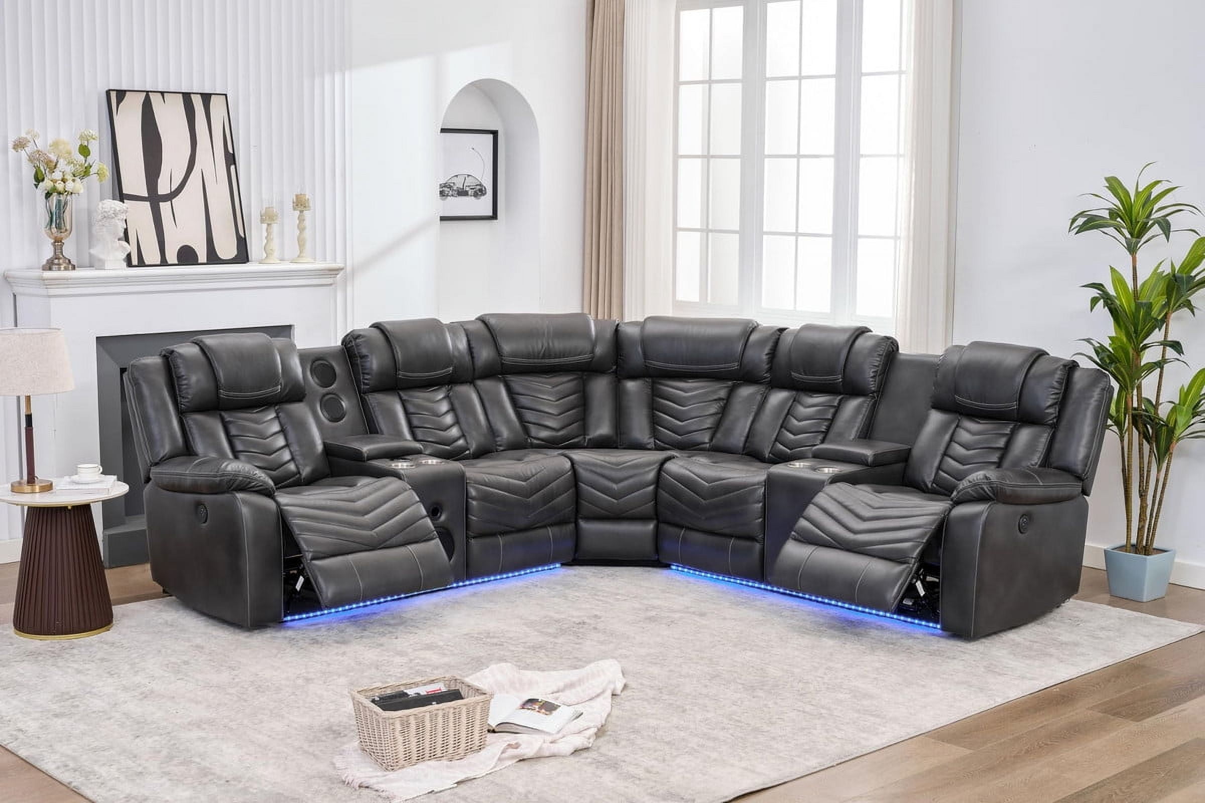 Power Reclining Sectional Sofa with Bluetooth Speakers,USB Ports,LED Lights,Cup Holders,Storage Console,Faux Leather Electric Corner L-Shaped Recliner Couch,5 Seater for Living Room Gray