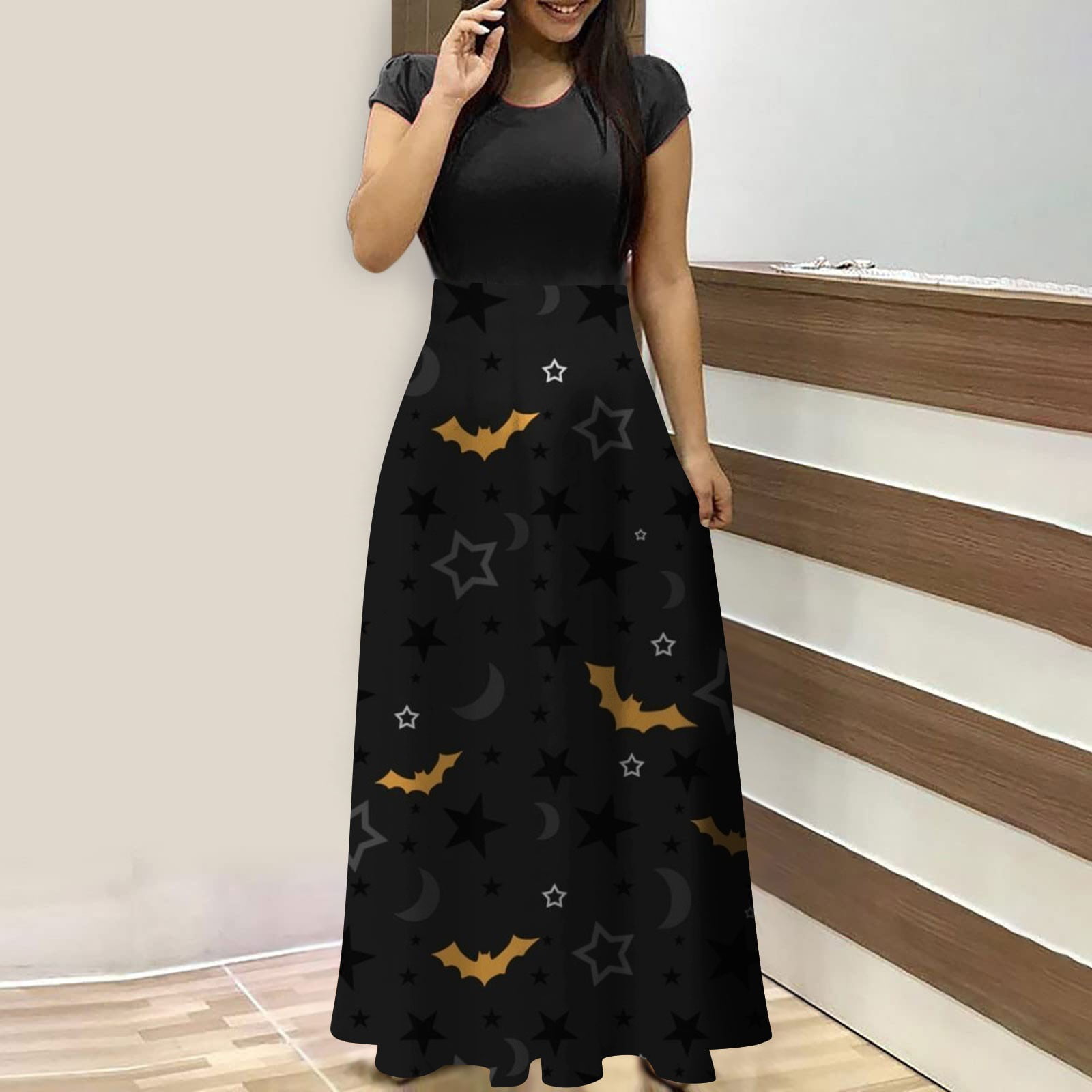 Kunpeng Ladies Casual Halloween Print Crew Neck Short Sleeve Maxi Dress Witchy Dresses for Women Black L, Women's, Size: Large