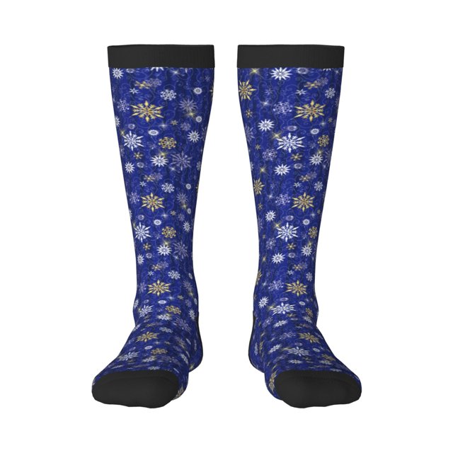 Fotbe Golden Snowflakes Royal Blue Calcetas Divertidas Estampadas para Hombre y Mujer, Calcetas de Algodón hasta la Rodilla para Caminar, Correr, Enfermería y Embarazo